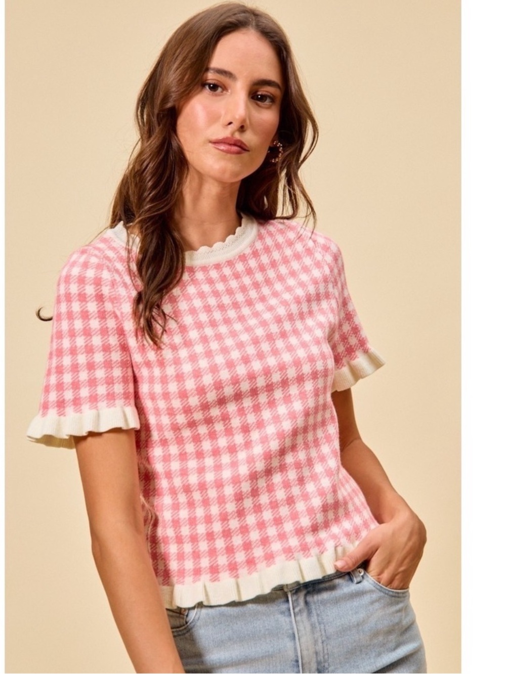 SO ME XL White Ivory Pink Gingham Knit Ruffle Trim Short Sleeve Sweater Top - Picture 4 of 13